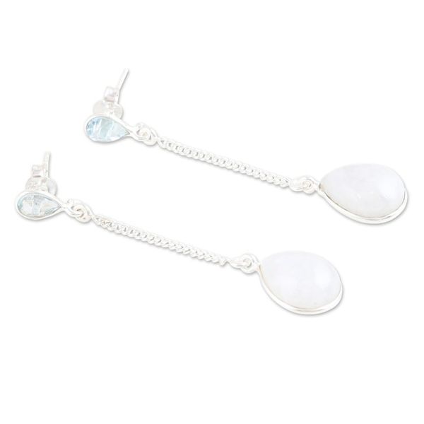 Alternate image for Silver Dangle Earrings with Rainbow Moonstone Blue Topaz Simply Chic