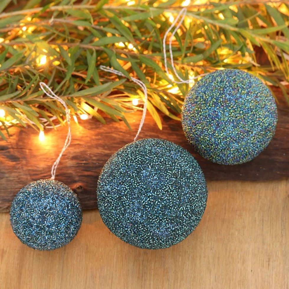 Set of Three Sparkling Beaded Ornaments in a Turquoise Hue 'Turquoise Magic'