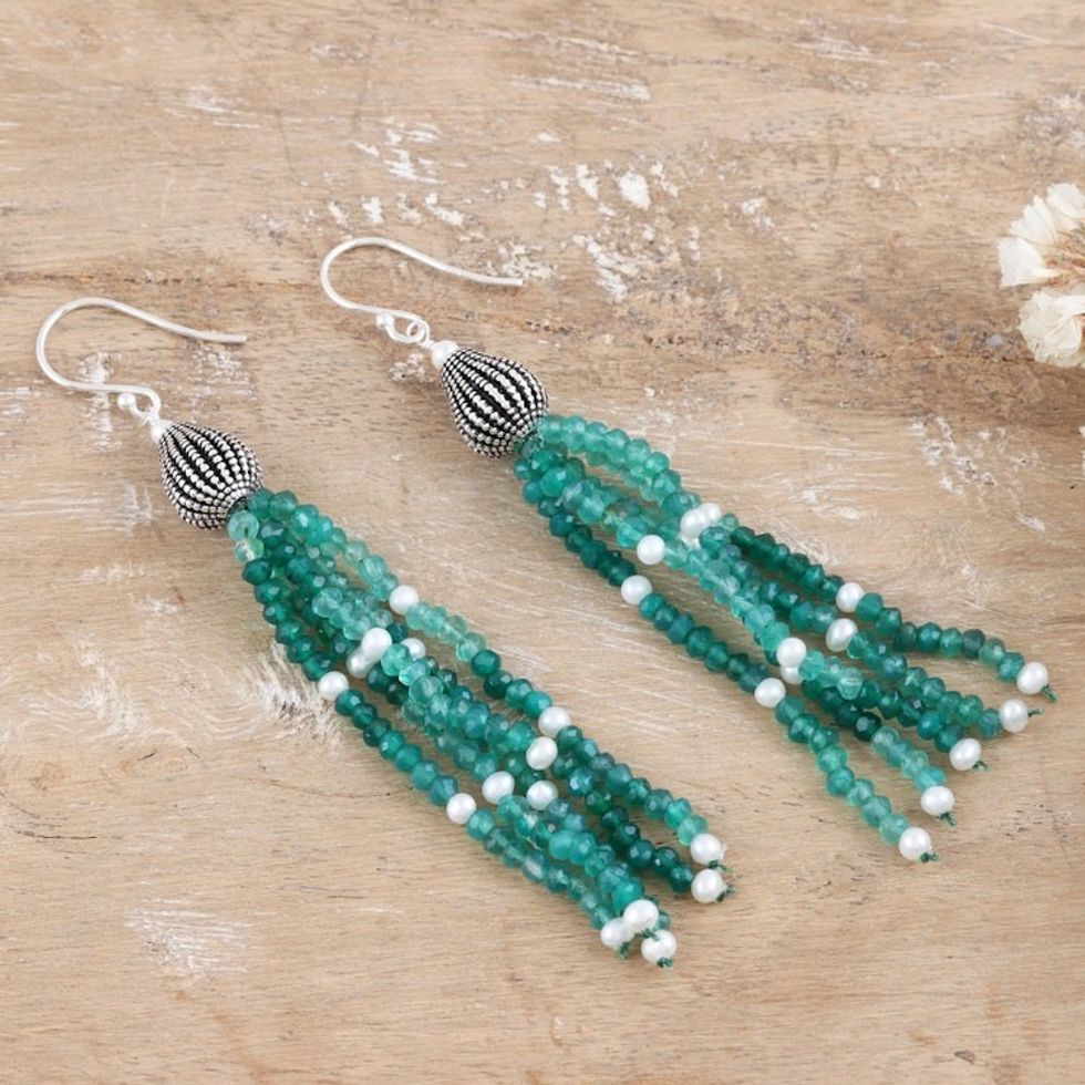 Waterfall Earrings with Cultured Pearl and Green Onyx Stones 'Peaceful Intellect'