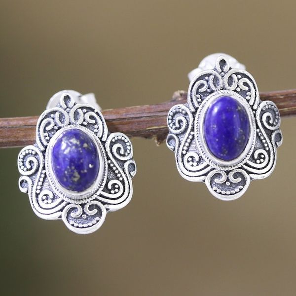Alternate image for Sterling Silver Button Earrings with Lapis Lazuli Jewels Indias Royalty