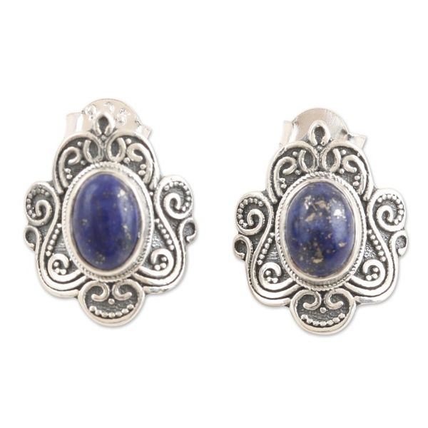 Alternate image for Sterling Silver Button Earrings with Lapis Lazuli Jewels Indias Royalty