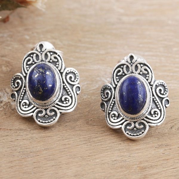 Alternate image for Sterling Silver Button Earrings with Lapis Lazuli Jewels Indias Royalty
