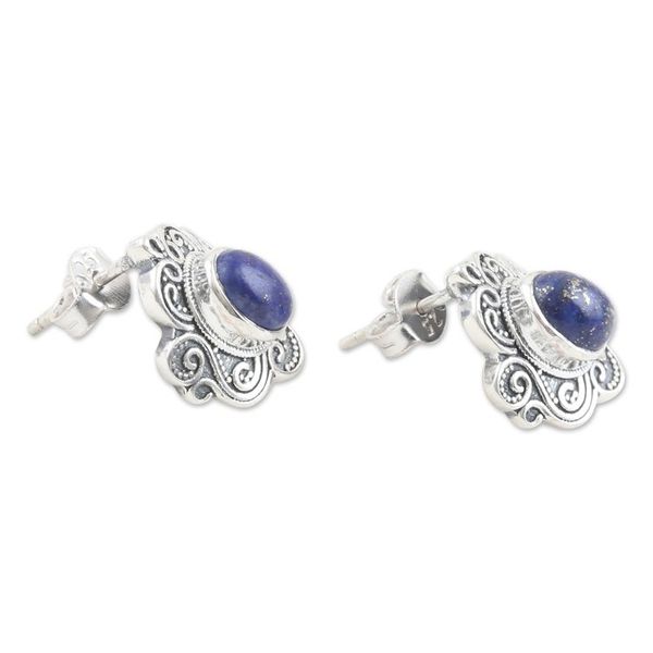Alternate image for Sterling Silver Button Earrings with Lapis Lazuli Jewels Indias Royalty