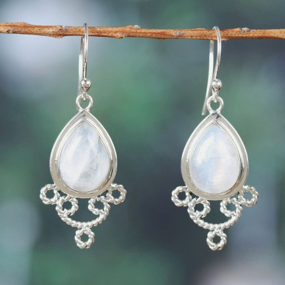Polished Rainbow Moonstone Dangle Earrings from India 'Misty Princess'