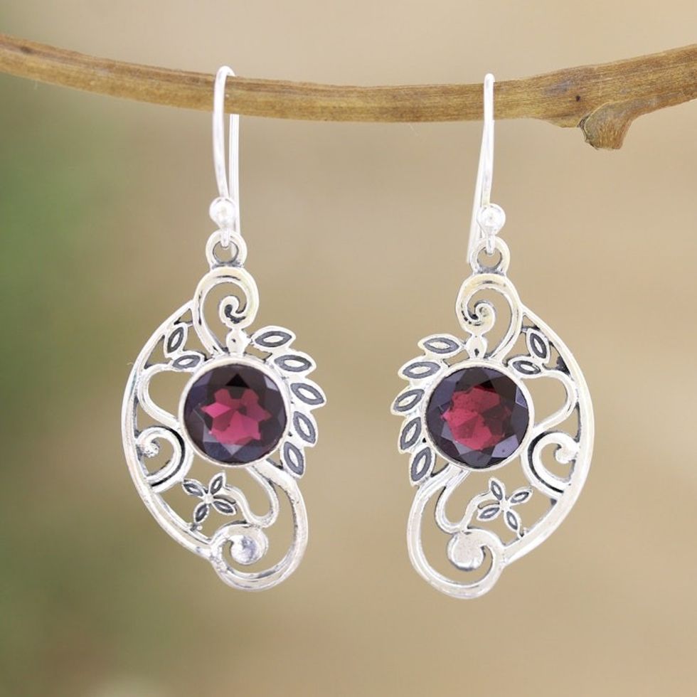 Sterling Silver Dangle Earrings with 4-Carat Garnet Stones 'Passion Wings'