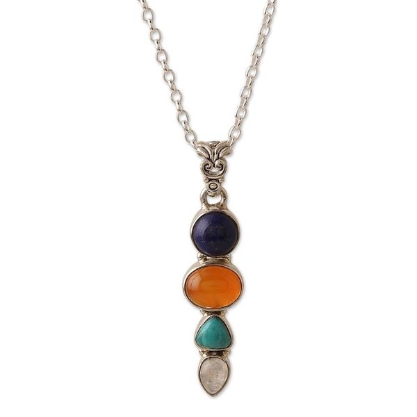 Alternate image for Sterling Silver Pendant Necklace with Multiple Cabochons Aligned Harmonies