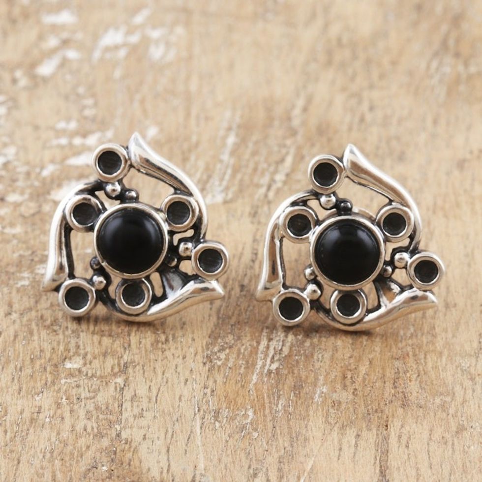 Sterling Silver Button Earrings with Onyx Jewels from India 'Protective Twist'