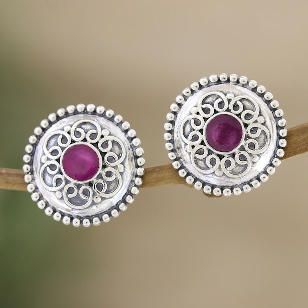Floral Sterling Silver Button Earrings with Cubic Zirconia 'Intense Blooming'