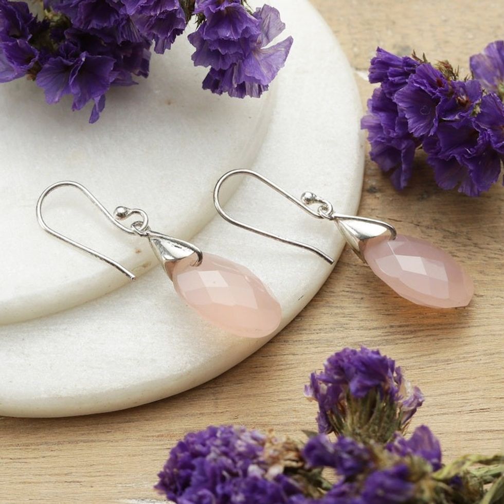 High-Polished Sterling Silver and Chalcedony Dangle Earrings 'Sparkles of Pink'