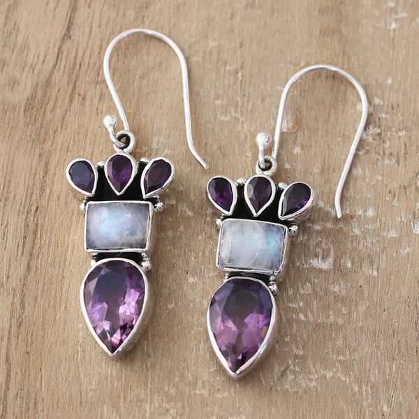 Alternate image for Silver Dangle Earrings with Amethyst and Rainbow Moonstone Royal Glamour