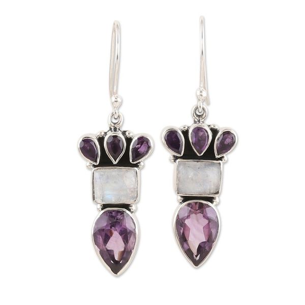 Alternate image for Silver Dangle Earrings with Amethyst and Rainbow Moonstone Royal Glamour