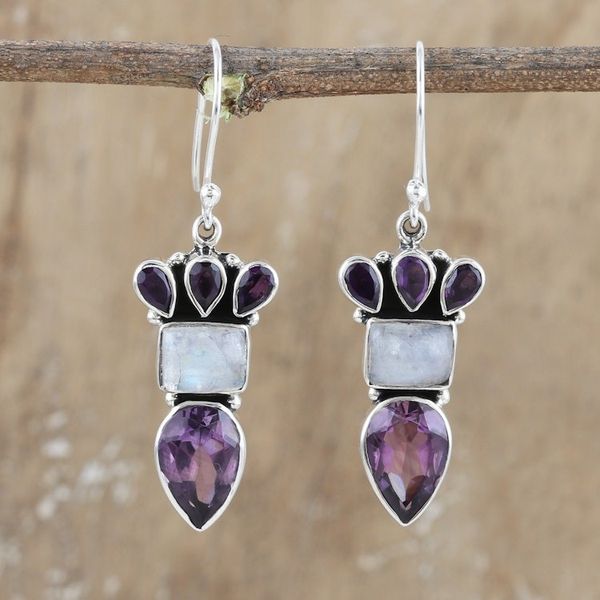 Alternate image for Silver Dangle Earrings with Amethyst and Rainbow Moonstone Royal Glamour