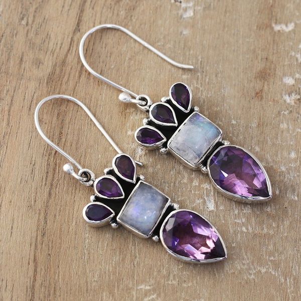 Alternate image for Silver Dangle Earrings with Amethyst and Rainbow Moonstone Royal Glamour
