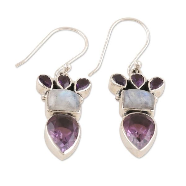 Alternate image for Silver Dangle Earrings with Amethyst and Rainbow Moonstone Royal Glamour