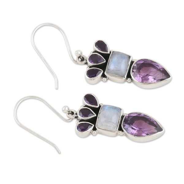 Alternate image for Silver Dangle Earrings with Amethyst and Rainbow Moonstone Royal Glamour