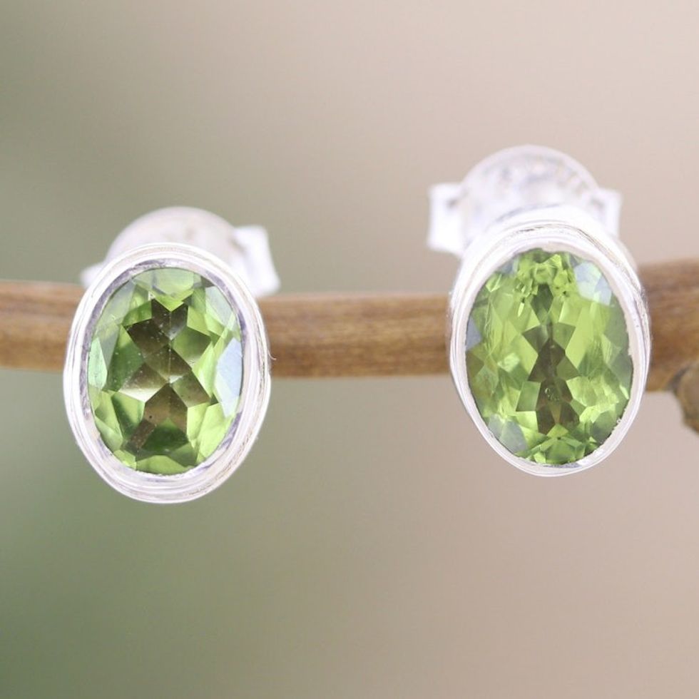Sterling Silver Stud Earrings with Oval 3-Carat Peridot Gems 'Nature Duet'