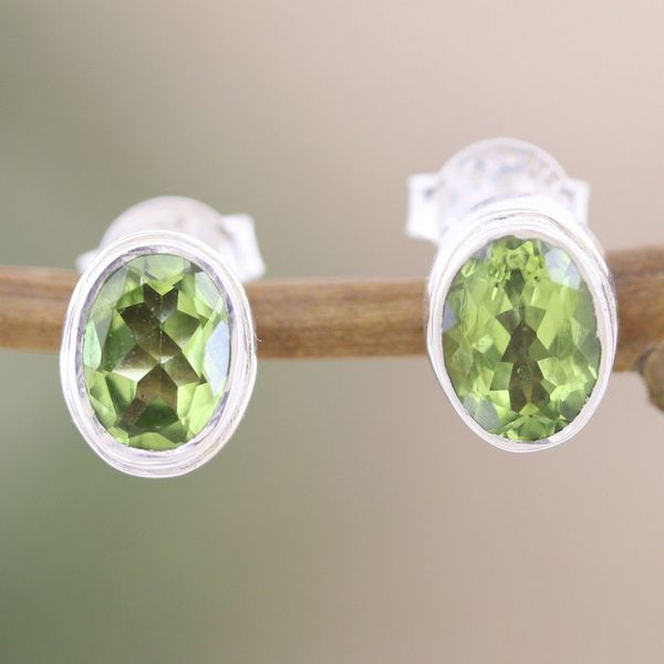 Alternate image for Sterling Silver Stud Earrings with Oval 3-Carat Peridot Gems Nature Duet