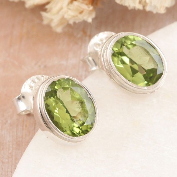 Alternate image for Sterling Silver Stud Earrings with Oval 3-Carat Peridot Gems Nature Duet