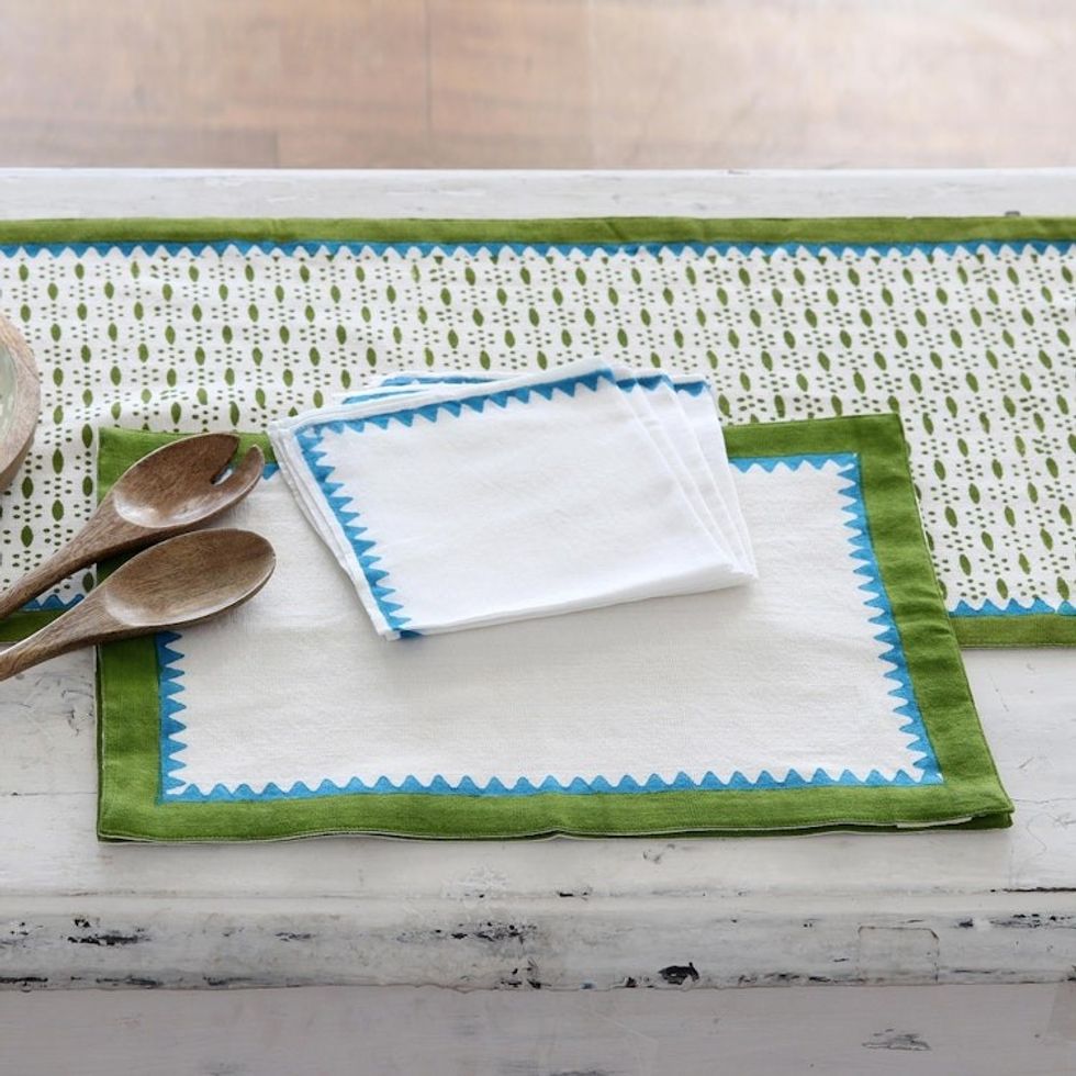 Handcrafted Block Print Cotton Table Linens Set for 4 'Pyramid Saga'