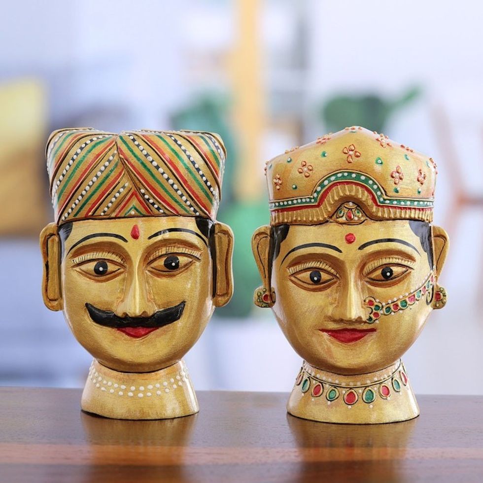 Set of 2 Classic Hand-Painted Kadam Wood Sculptures 'Couple from Rajasthan I'
