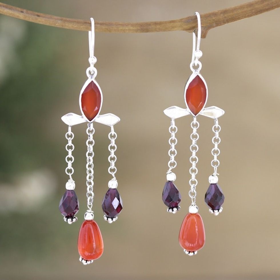 Polished Waterfall Earrings with Carnelian and Garnet Gems 'Passion Drops'