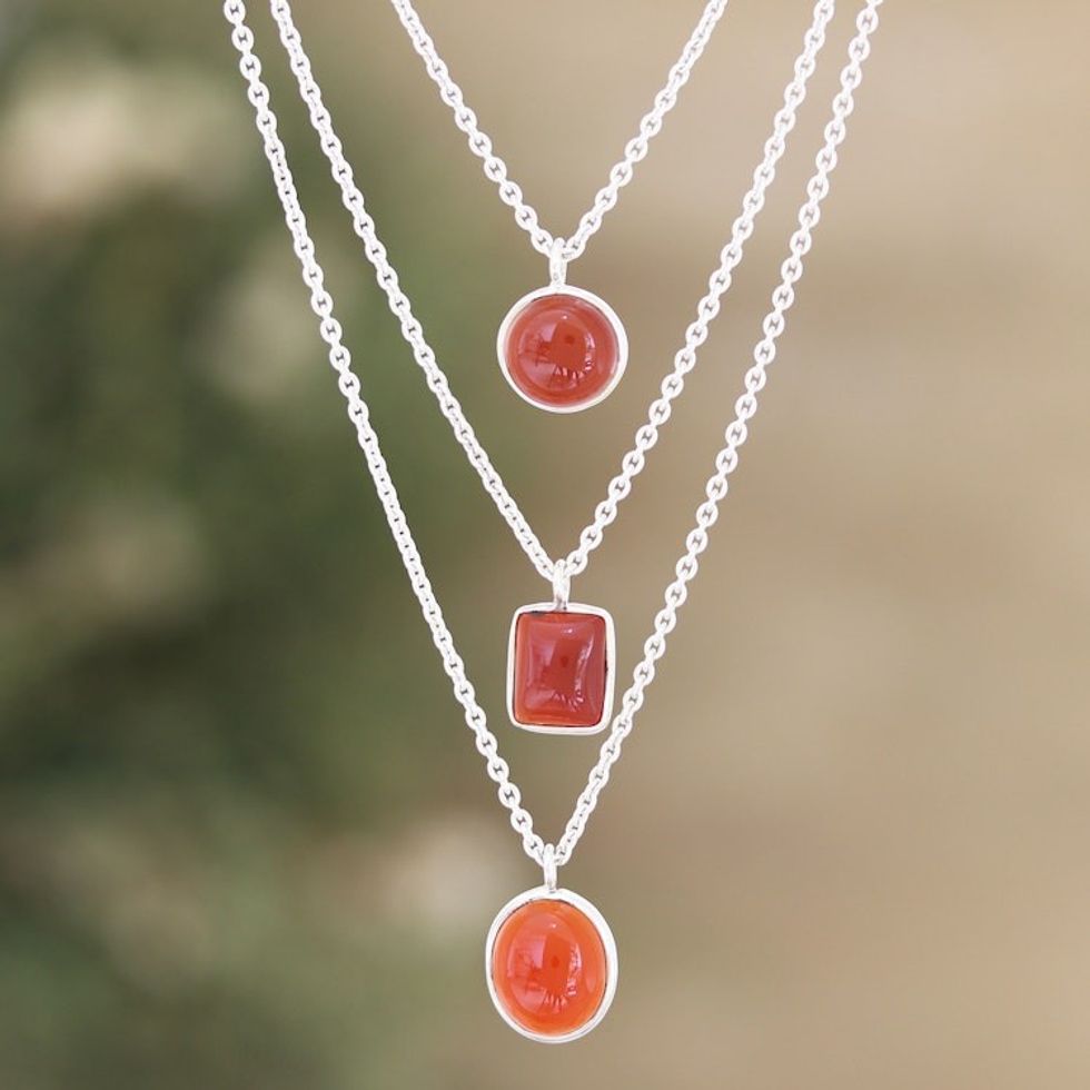Sterling Silver 3-Strand Carnelian Pendant Necklace 'Lucky Shapes'