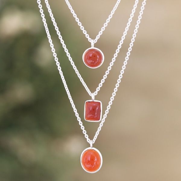 Alternate image for Sterling Silver 3-Strand Carnelian Pendant Necklace Lucky Shapes
