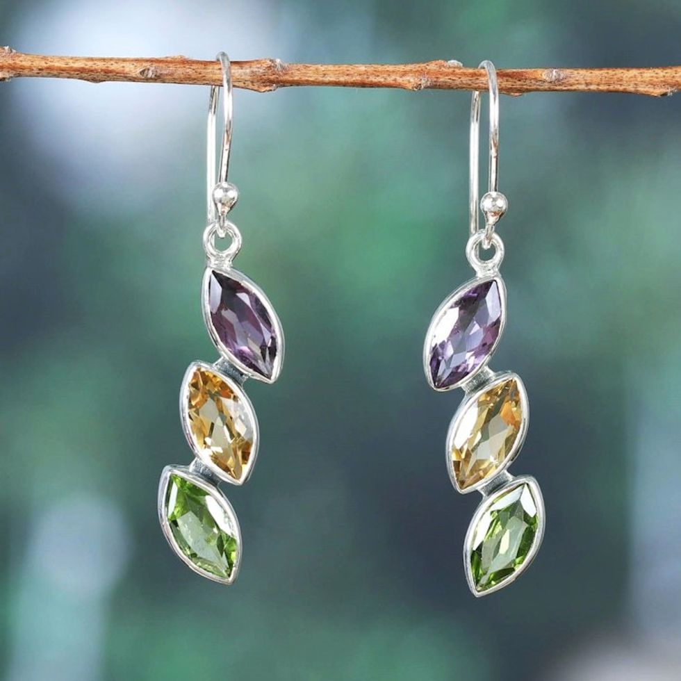 Six-Carat Multi-Gemstone Dangle Earrings with Marquise Gems 'Color Comets'
