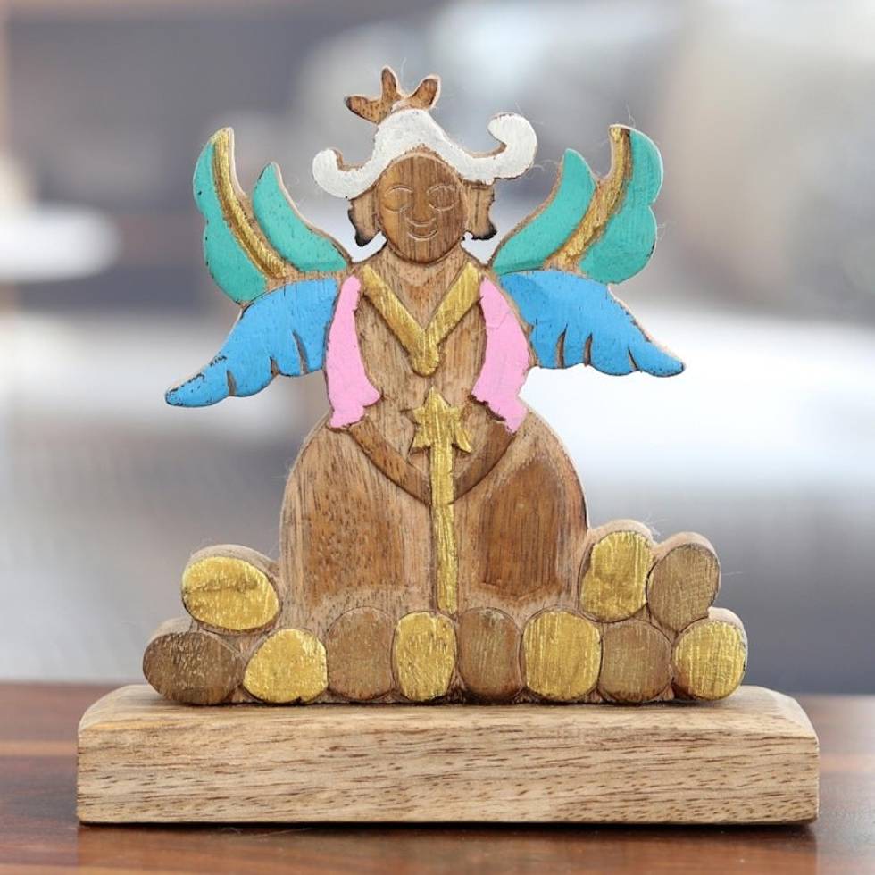Hand-Painted Mango Wood Angel Sculpture with Easter Eggs 'Tender Heaven'