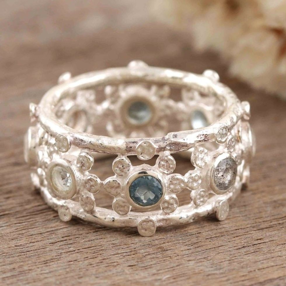 Multi-gemstone Sterling Silver Cocktail Ring from India 'Glorious Allure'