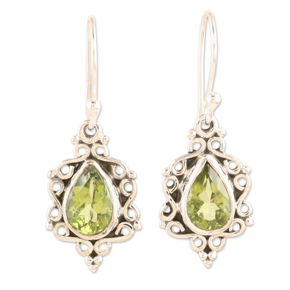 Sterling Silver Dangle Earrings with Natural Peridot Stones 'Green Intricacy'
