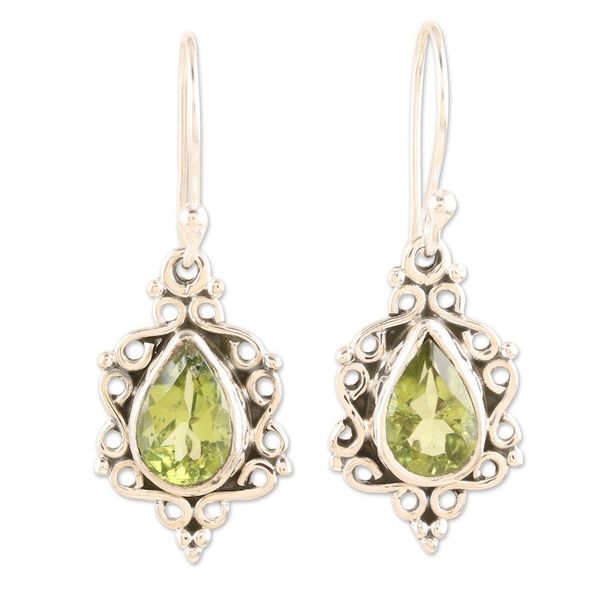 Alternate image for Sterling Silver Dangle Earrings with Natural Peridot Stones Green Intricacy