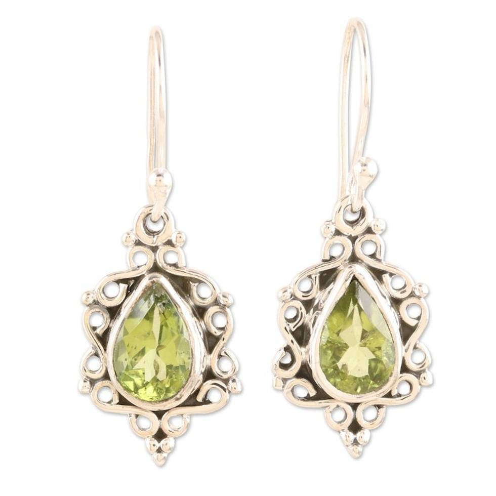 Sterling Silver Dangle Earrings with Natural Peridot Stones 'Green Intricacy'