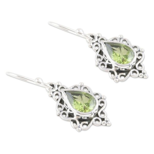 Alternate image for Sterling Silver Dangle Earrings with Natural Peridot Stones Green Intricacy