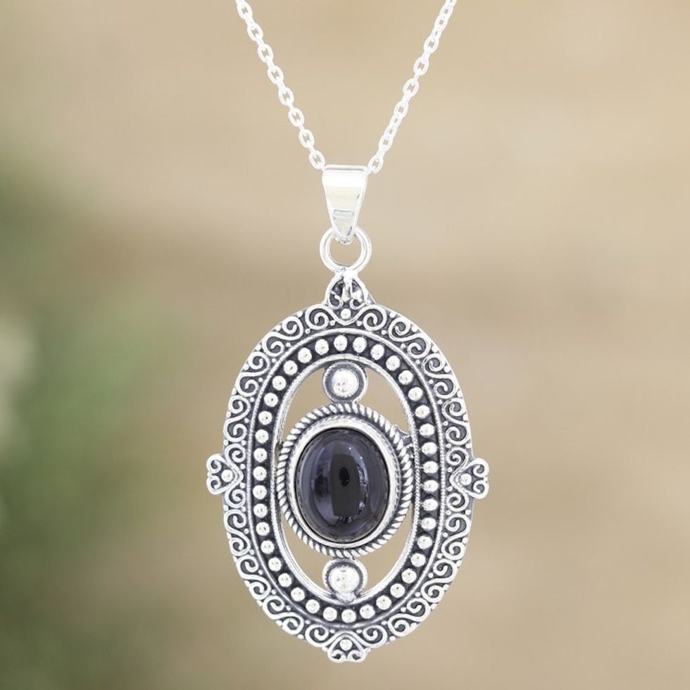 Onyx and Sterling Silver Pendant Necklace Crafted in India 'Night Enchantment'