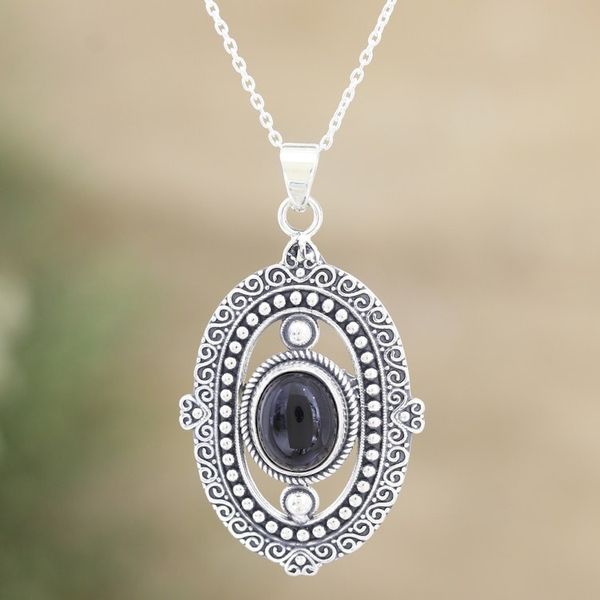 Alternate image for Onyx and Sterling Silver Pendant Necklace Crafted in India Night Enchantment