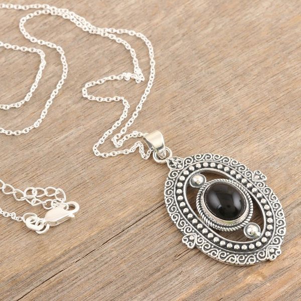 Alternate image for Onyx and Sterling Silver Pendant Necklace Crafted in India Night Enchantment