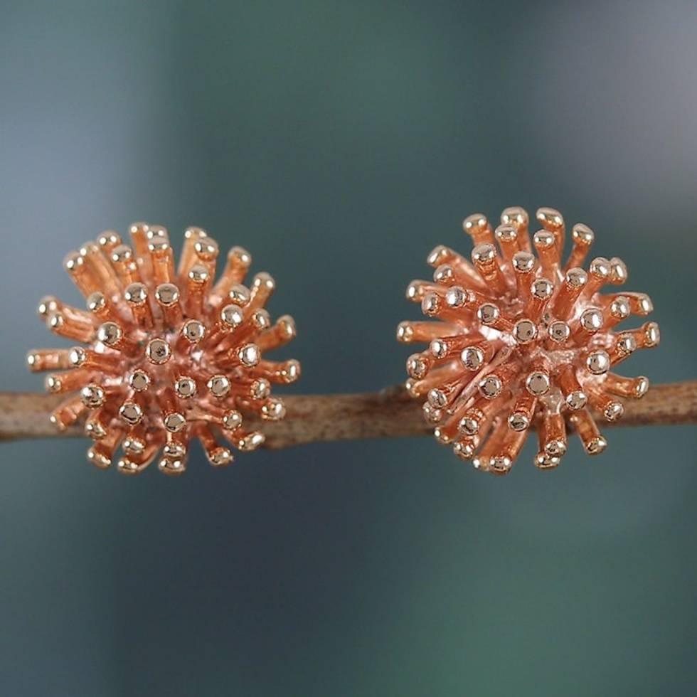 Modern 22k Rose Gold-Plated Stud Earrings from India 'Spiny Rose'