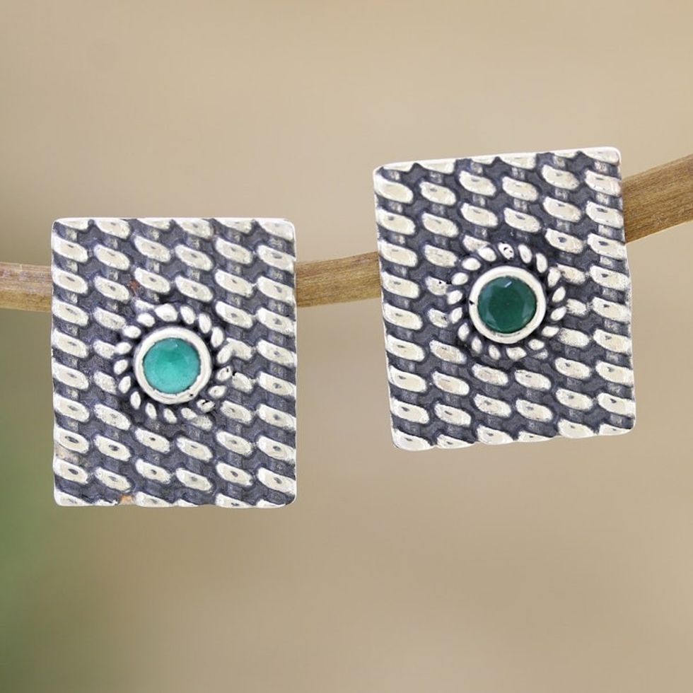 Green Onyx Drop Earrings Crafted from Sterling Silver 'Intellect Shield'