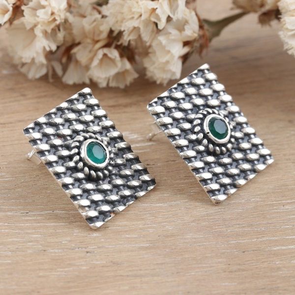 Alternate image for Green Onyx Drop Earrings Crafted from Sterling Silver Intellect Shield
