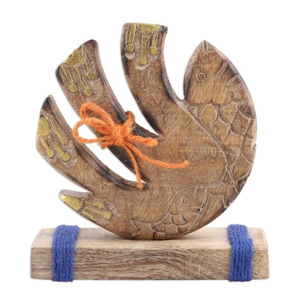 Alternate image for Abstract Mango Wood Sculpture of Fish with Wool Yarns Marine Movement