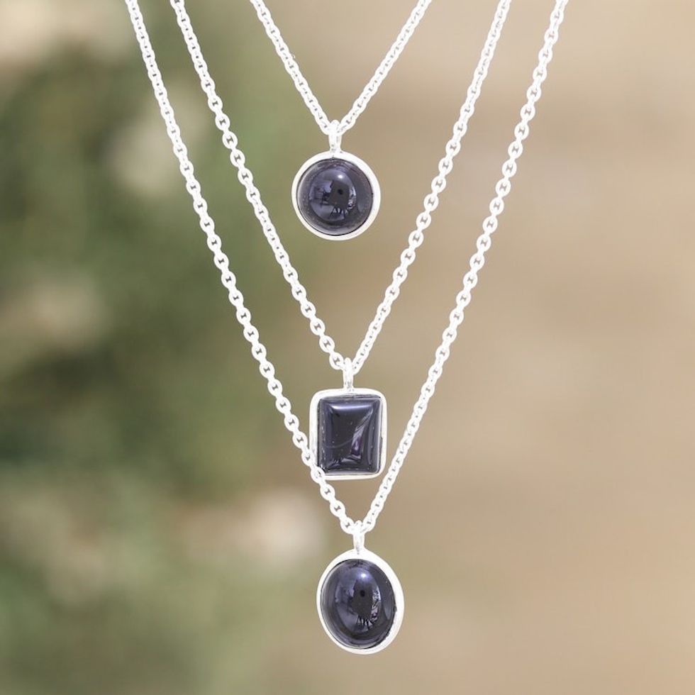 Sterling Silver 3-Strand Black Onyx Pendant Necklace 'Protection Shapes'