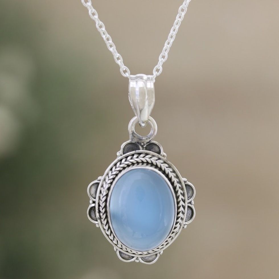 Chalcedony and Sterling Silver Pendant Necklace from India 'Chic Blue'