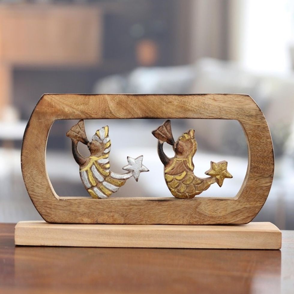 Hand-Carved Mango Wood Sculpture of Christmas Angels 'Star Messengers'
