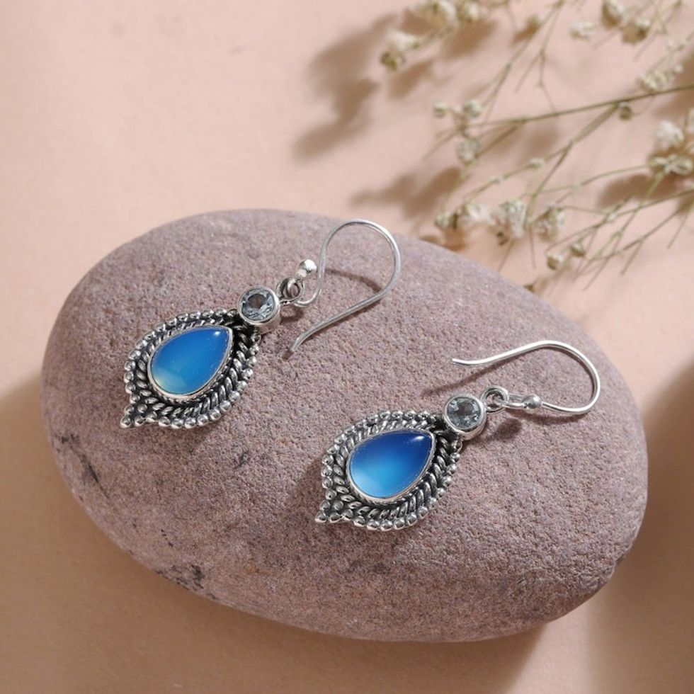 Chalcedony Cabochon and Blue Topaz Dangle Earrings 'Heaven's Triumph'