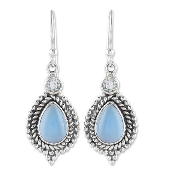 Alternate image for Chalcedony Cabochon and Blue Topaz Dangle Earrings Heavens Triumph