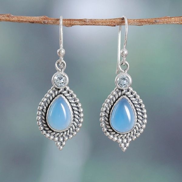 Alternate image for Chalcedony Cabochon and Blue Topaz Dangle Earrings Heavens Triumph