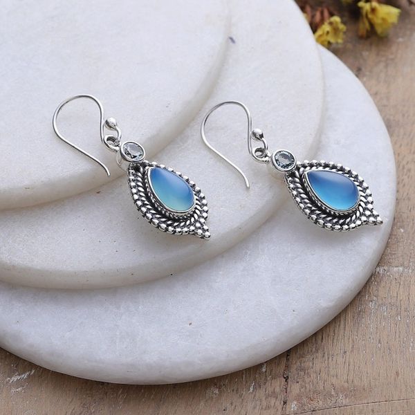 Alternate image for Chalcedony Cabochon and Blue Topaz Dangle Earrings Heavens Triumph