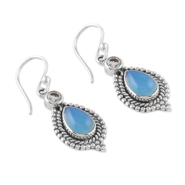 Alternate image for Chalcedony Cabochon and Blue Topaz Dangle Earrings Heavens Triumph
