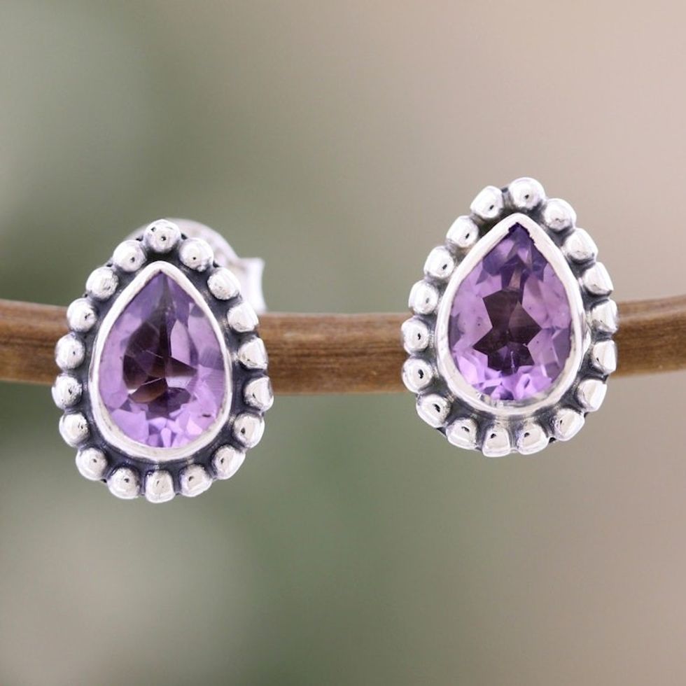 Sterling Silver Stud Earrings with Pear-Shaped Amethyst Gems 'Dazzling Trust'